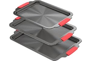 Bazova 3-Piece Baking Sheet Set with Circle Grooves,Nonstick Cookie Sheets/Baking Trays for Baking & Roasting,Heavy Duty Bakeware with Half/Quarter/Jelly Roll Pans,PFAS/PTFE Free,Gray with Red Grips