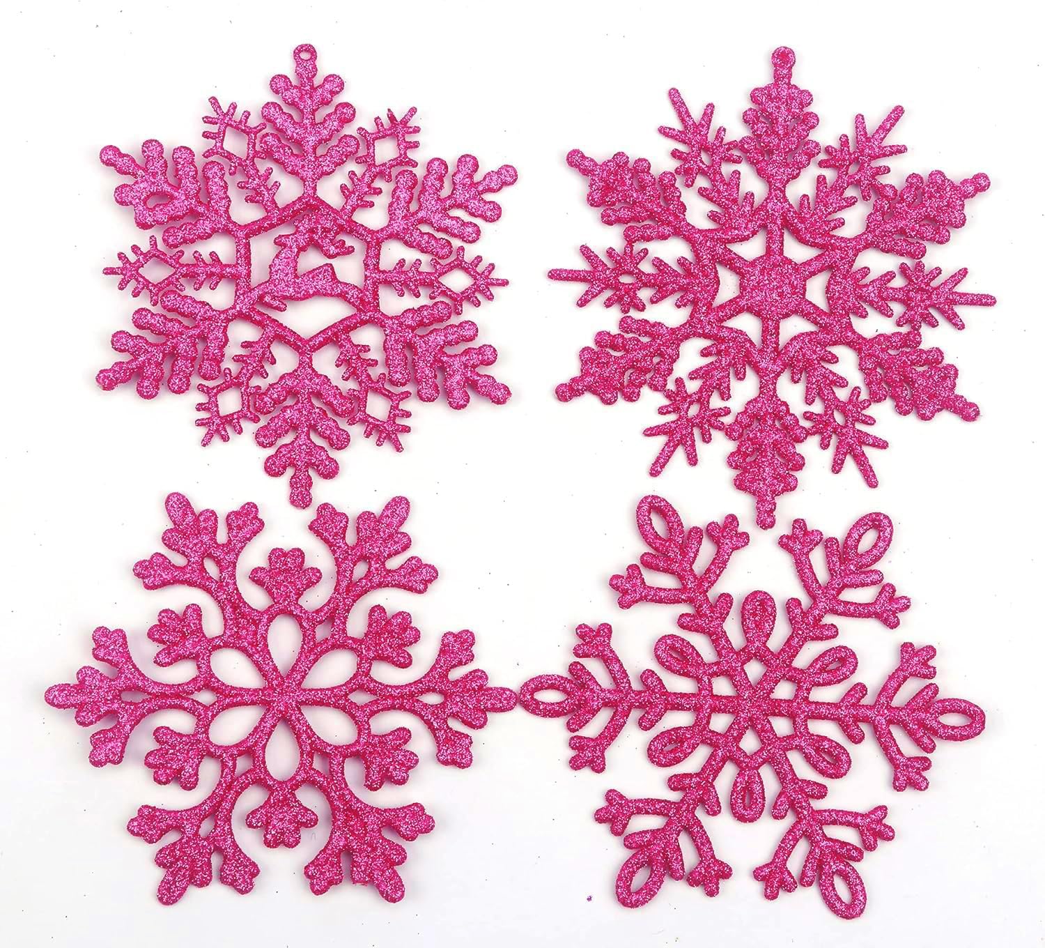 YYCRAFT 32pcs Glitter Snowflake Ornament 4 Inch for Christmas Tree Decoration-Hot Pink