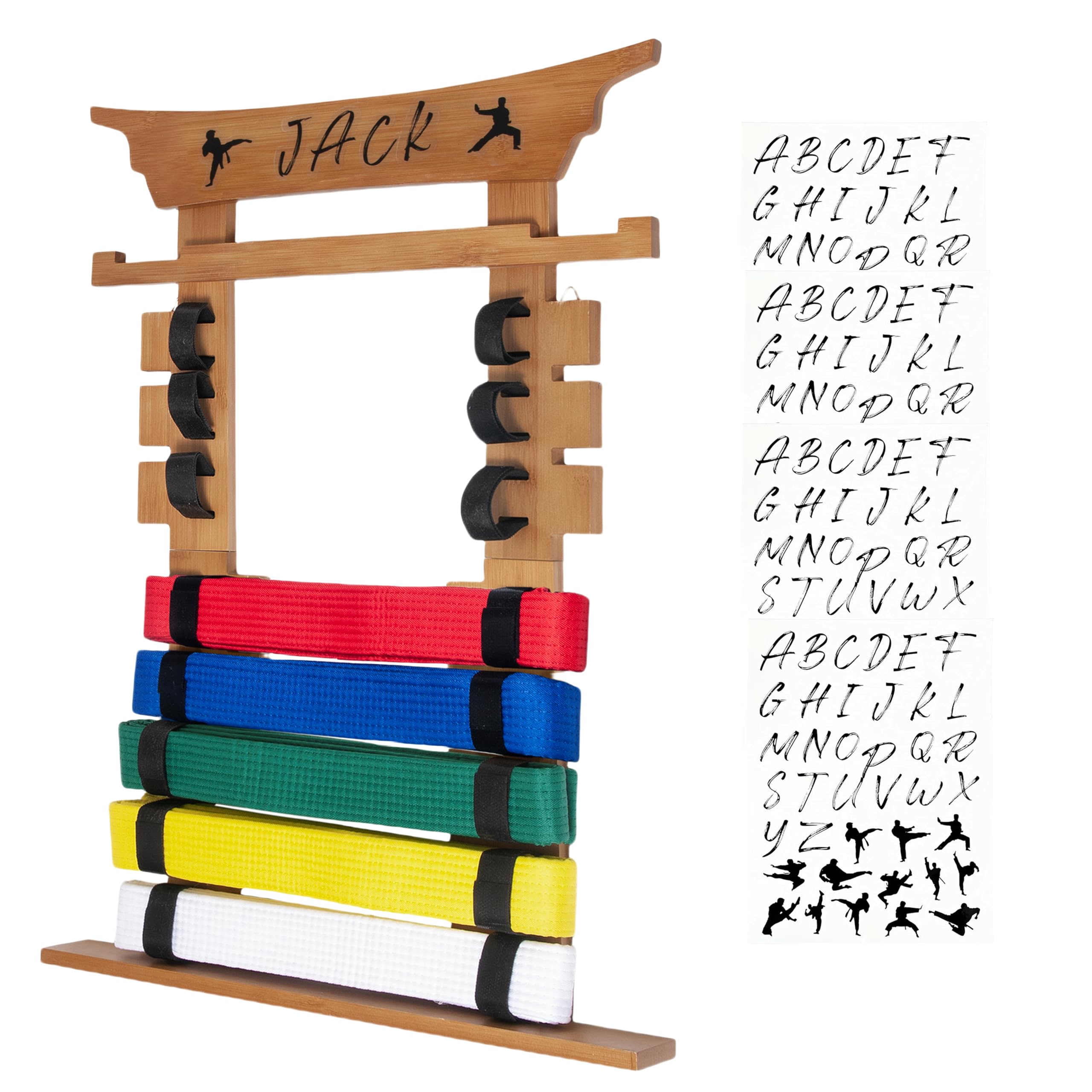 Photo 1 of Wall Karate Belt Display Rack with Medal Hanger and Stickers, Brown Color Martial Arts Belt Display Holder, 8 Belt Taekwondo Belt Display Hanging Holder for Kids and Adults