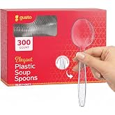 GUSTO Heavy Duty Clear Plastic Soup Spoons [300 Count] Disposable BPA Free Utensils with Engraved Design for Parties, Catering &amp; Everyday Use (Formerly Comfy Package)