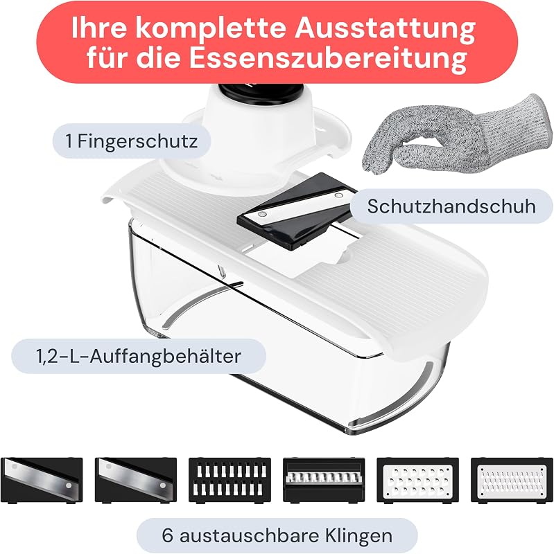 Pro - 6-in-1 Mandoline Gemüsehobel, Julienneschneider und Reibe