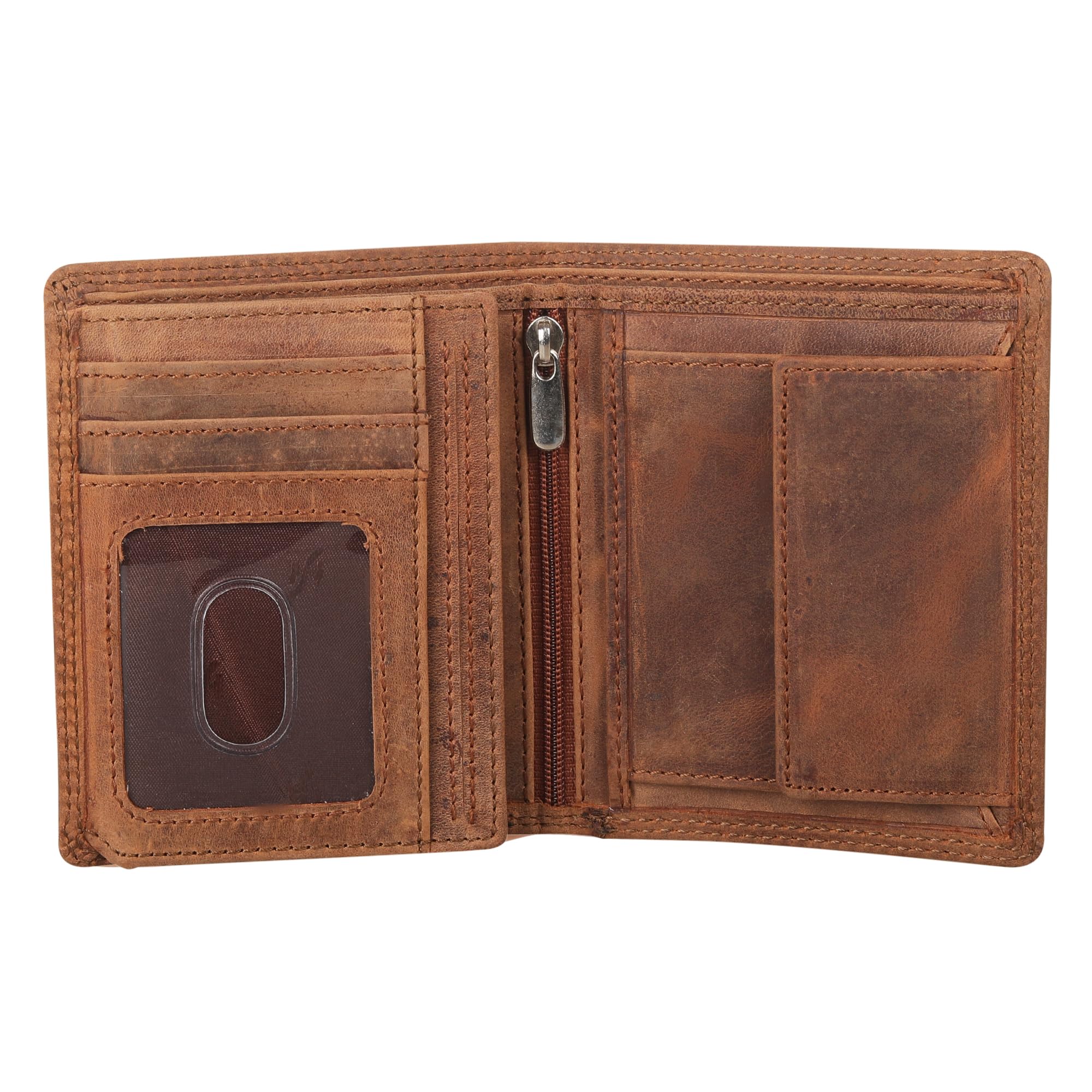 STARHIDE Wallets Mens RFID Blocking Real Distrssed Hunter Leather Gents Wallet with 2 ID Windows, Zip and Coin Pocket Trifold Vertical Wallet Gift Boxed 1070 (Brown)