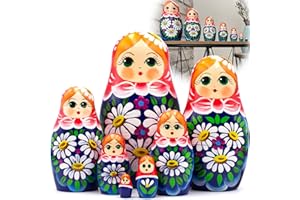 AEVVV Russian Matryoshka Dolls Set of 7 pcs - Russian Dolls in Sarafan Dress with Bouquet of Chamomile Flowers - Handmade Russian Dolls Nesting Dolls