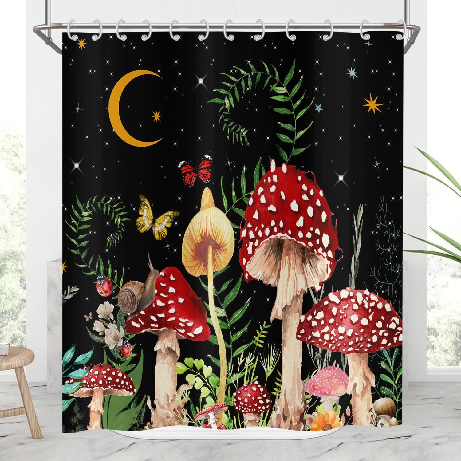 Hnmdmyi Mushroom Shower Curtain 180x180, Retro Boho Floral Butterfly Moon Stars Botanical Wildflowers Green Plant Black Aesthetic Bathroom Curtains Waterproof Polyester Fabric Washable Bath Curtains