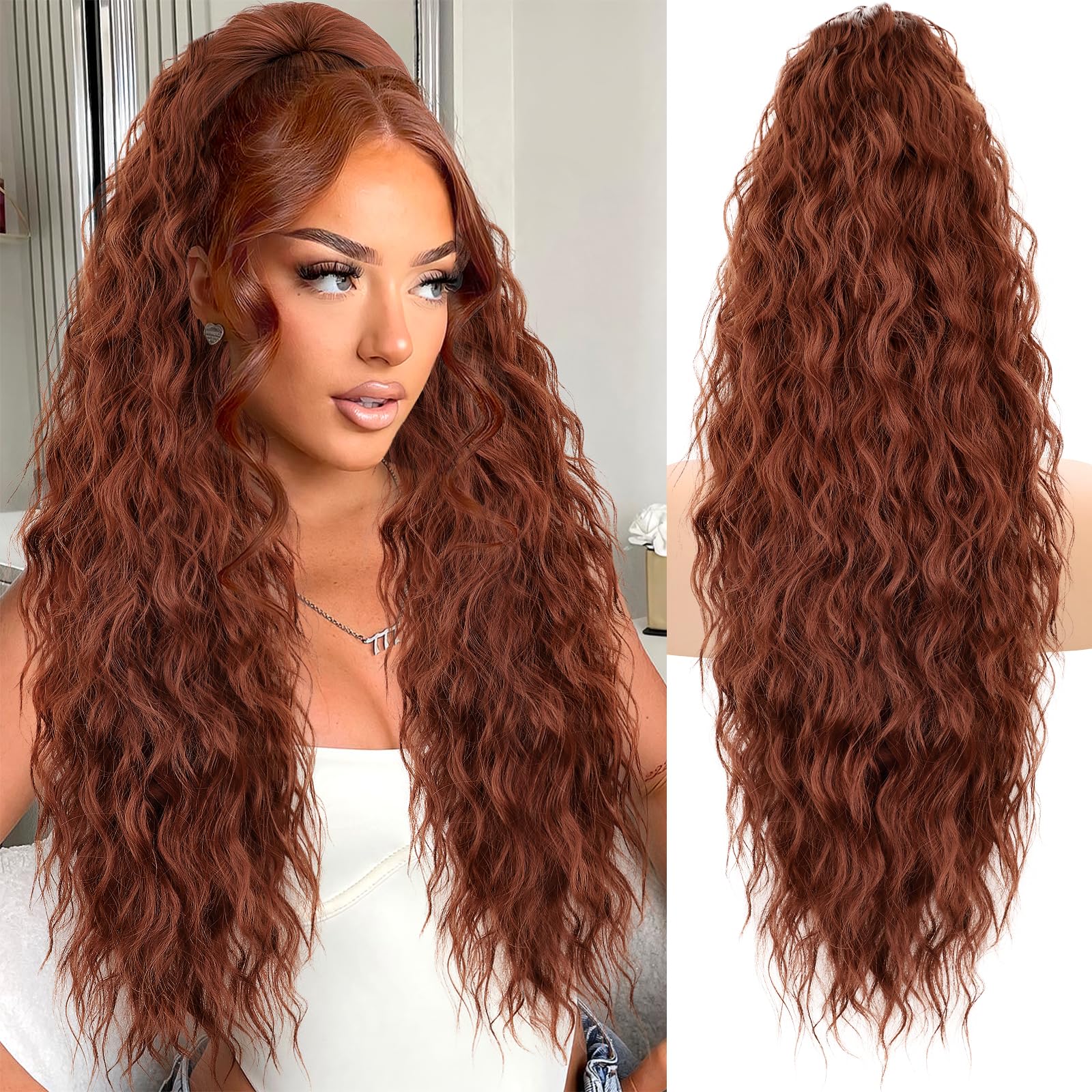 Photo 1 of KooKaStyle Ponytail Extension 30 Inch Drawstring Pony Tails Hair Extensions for Women Long Curly Ponytail Synthetic Hairpieces for Daily Use?Auburn?