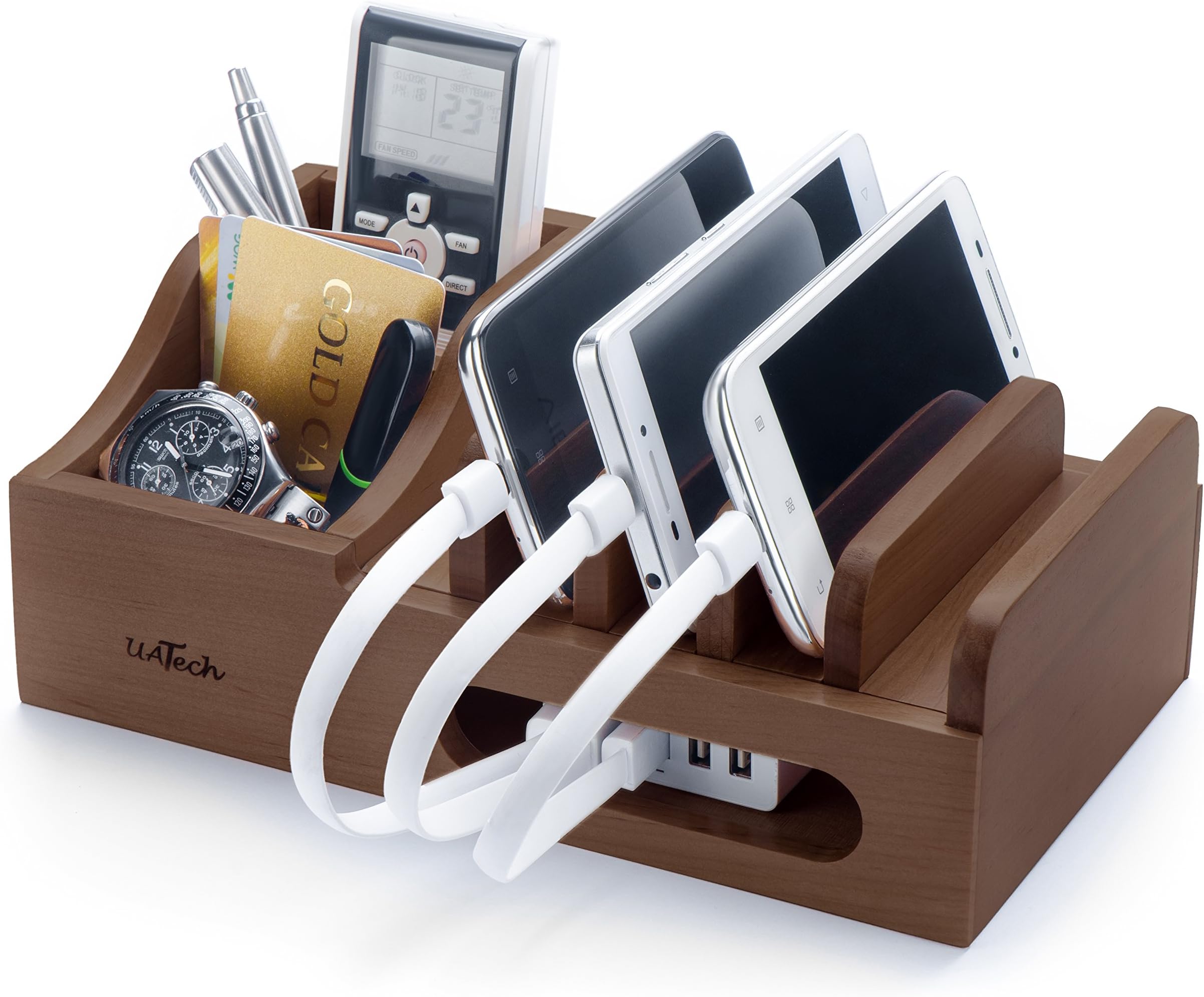 Wood Multi Device Organizer for Using with Multiple USB Charging Station Like Anker, RAVPower, Poweradd USB Chargers for Smartphones and Tablets from UATech (Dark)