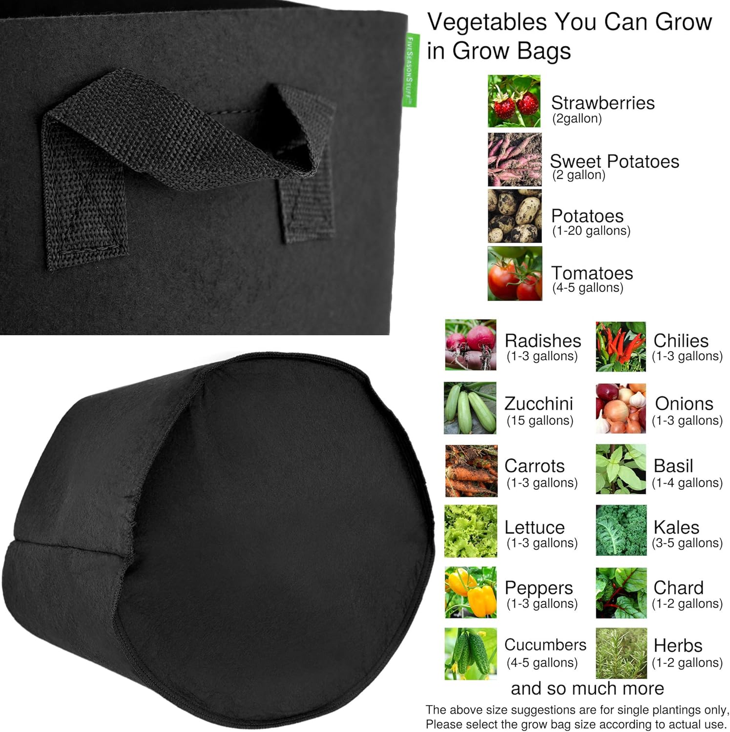 FiveSeasonStuff 7 Gallon Grow Bags Upgraded Heavy Duty Handles, 5 Pack Reusable Breathable Planters, Black, 7 Gallons, 5 Pcs - Image 5