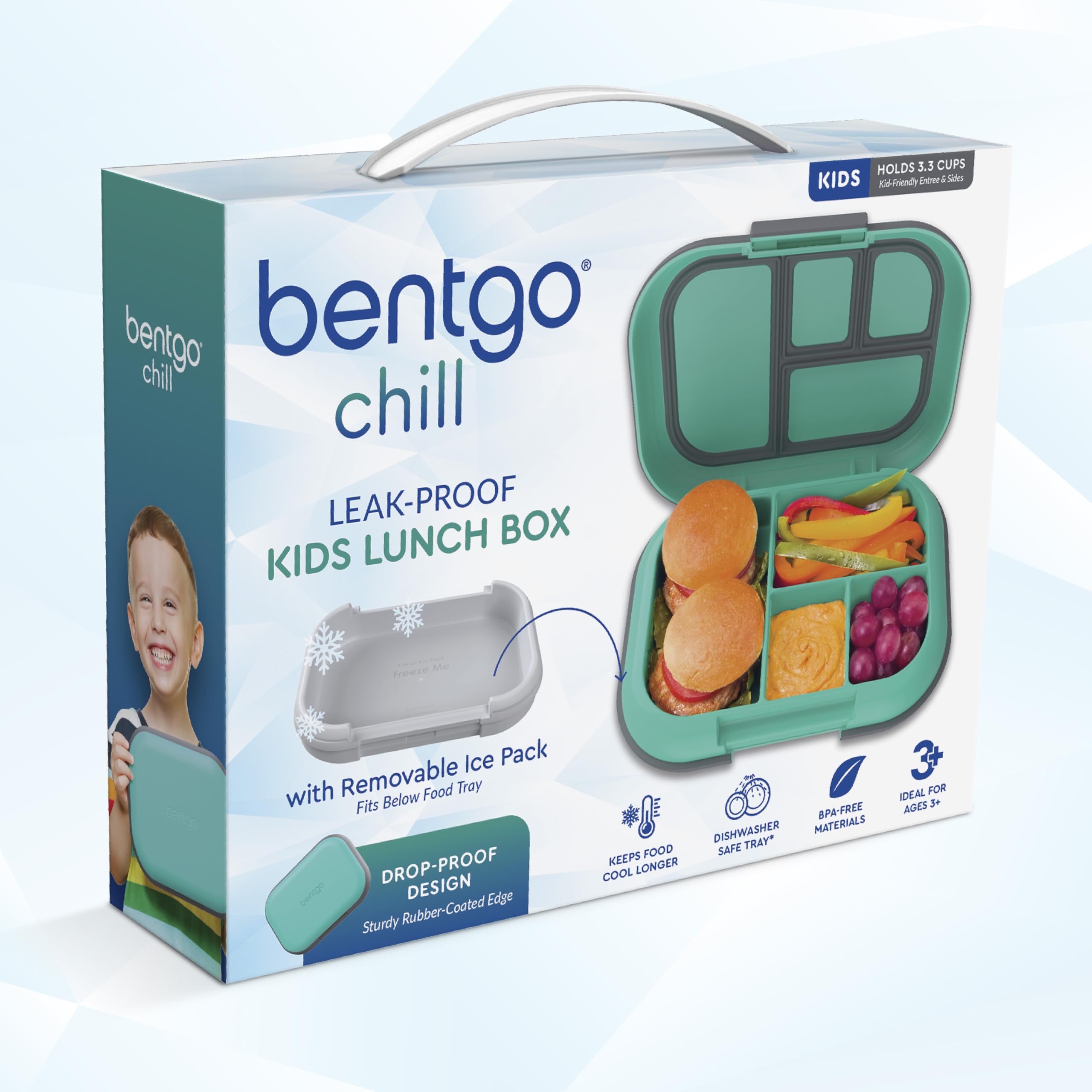 Bentgo Chill Kids Leak-Proof Lunch Box - 4-Compartment Bento Box with Built-In Ice Pack, 3.3 Cup Capacity, PFAS & BPA-Free, Microwave & Dishwasher Safe, Ideal Size for Ages 3 to 7 (Green/Navy)