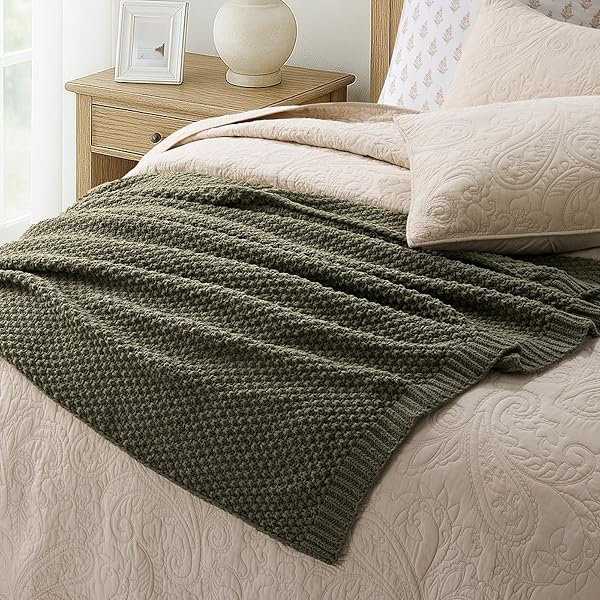 EVERGRACEHOME CHUNKY CHENILLE KNIT THROW BLANKET FOR COUCH, SOFT LUXURIOUS MOSS STITCH BLANKETS FOR BED, COZY DECORATIVE FARMHOUSE KNITTED THROWS FOR SOFA, OLIVE GREEN, 60″ X 80″