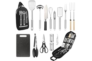 NINEIGH Camping Cooking Utensils Set, Stainless Steel Grill Tools, Camping BBQ Cookware Gear and Equipment for Travel Tenting RV Van Picnic Portable Kitchen Essentials Accessories