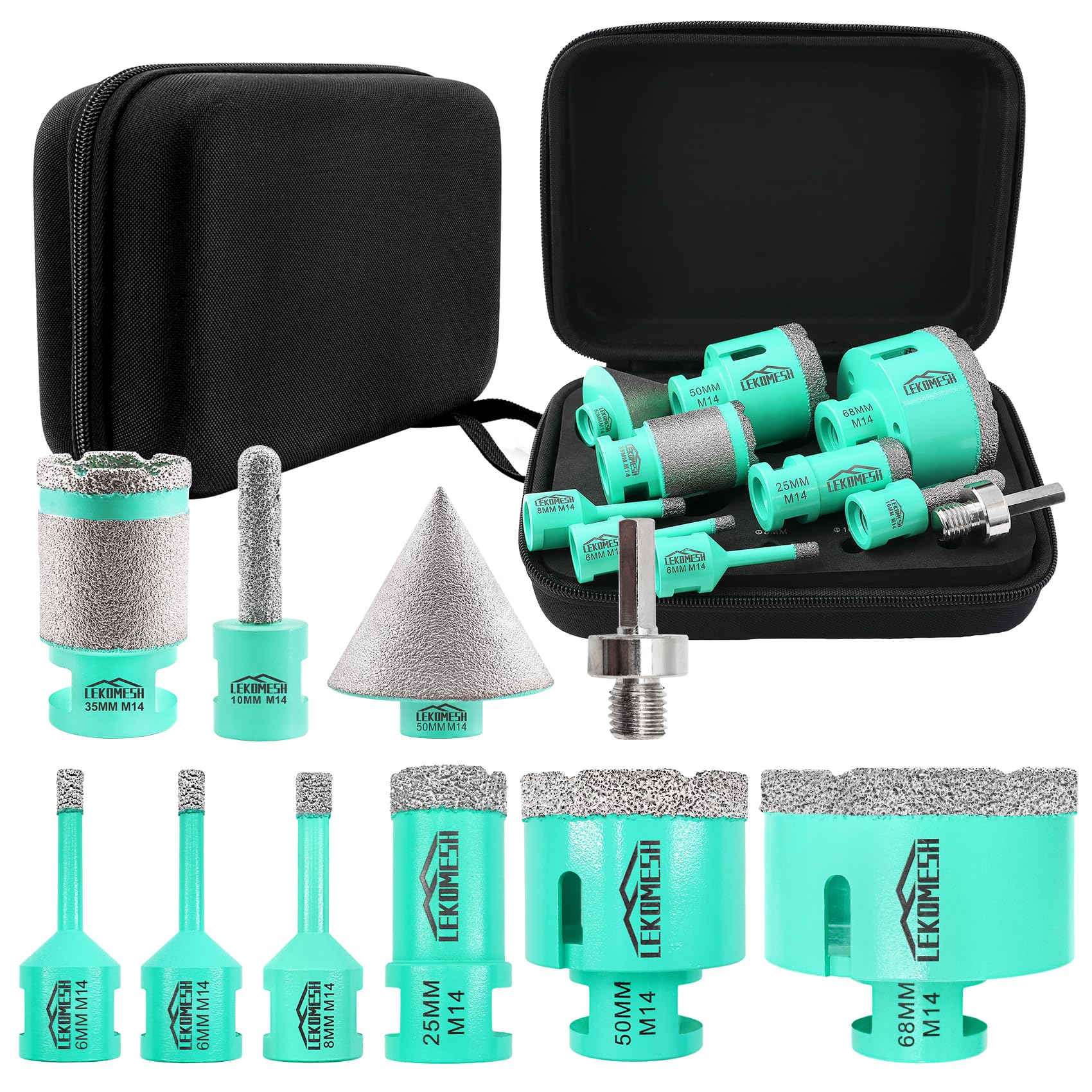 LEKOMESH Diamond Core Drill Bits Set - Tile Hole Saw Kit (6/6/8/25/50/68mm+10mm Finger Bit+35mm Drilling Milling+50mm Chamfer+Adapter) for Porcelain, Ceramic, Marble, Brick, M14 Thread — image 1