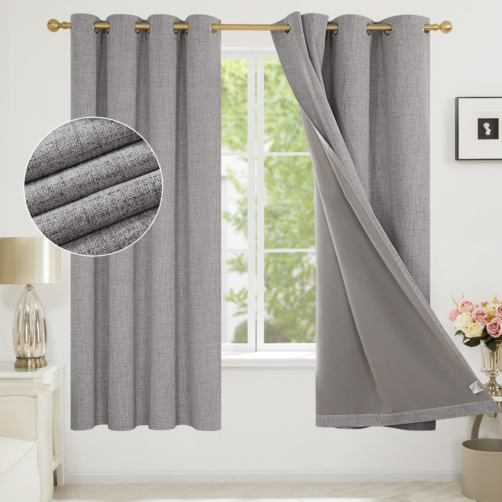 Deconovo Total Blakcout Thermal Curtains Faux Linen with Thick Coating Eyelet Curtains for Kids Bedroom, 46 x 72 Inch(Width x Length), Light Grey, One Pair