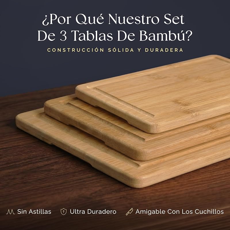 Set 3 Tablas de Cortar Bambú 33x24, 28x20 y 22x15 cm — foto 3 de 8