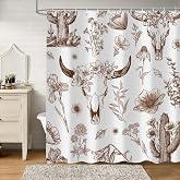 Raelith Western Cow Skull Shower Curtain, Brown Rustic Country Farmhouse Tribal Abstract Wildflower Shower Curtains, West Desert Cactus Plant Cow Print Bathroom Curtain Decor with Hooks 72Wx72H