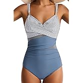 EVOCRCO Women Mesh One Piece Swimsuit Tummy Control Sexy Bathing Suits V Neck Push Up Swimsuits Slimming Swimwear