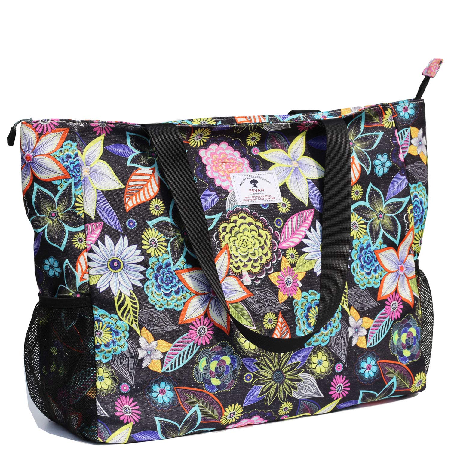 Large Beach Bag Water Resistant Lightweight 20 inch Women Oversize Tote Bag for Gym Beach Travel Pool Yoga Nurse (Black Embroid)