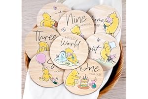 HOUÍSM Winnie Baby Milestone Cards, Wooden Cirles Discs for Baby Photo Prop with Announcement & Hello World Sign - 8Pcs Double Sided Markers for Baby Shower Nursery Gift