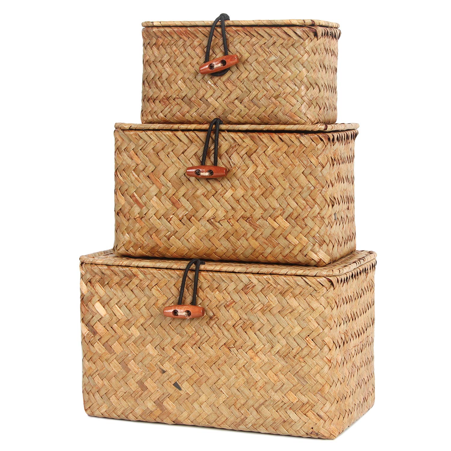 FEILANDUO Wicker Storage Baskets with Lids Seagrass Woven Baskets for Shelves Stackable Storage Boxes for Organizing Rattan Bins (Natural, Small Set of 3(L/M/S))