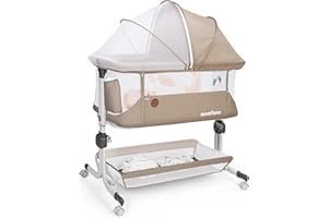 MOMFANN Baby Bassinet Bedside Sleeper, Upgraded Stability Bedside Crib with Full Mesh Sides, Soft Sheet, 6-Height Adjustment, Storage Basket, Easy Folding Portable Bassinet for Newborns,Camel
