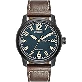 Citizen Men's Eco-Drive Weekender Garrison Field Watch in Black IP Stainless Steel with Brown Leather strap, Navy Dial (Model