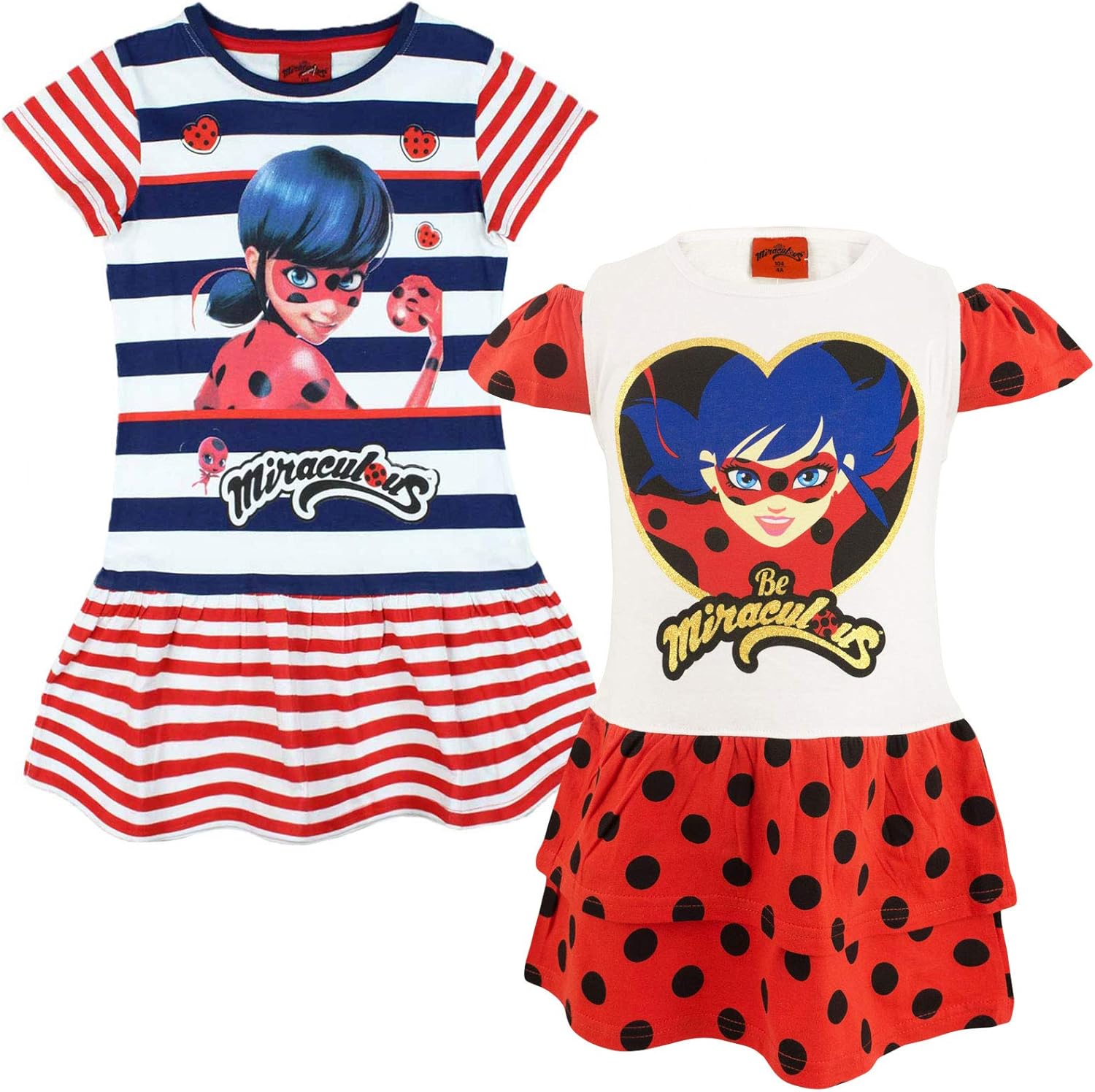Bambine E Ragazze Novita Prodotto Originale 07imor Bambina Pois E Stampa Glitterata Miraculous Ladybug E Cat Noir Abito Vestito A Maniche Corte Con Gonna A Balze Abbigliamento Sugoi Com Co