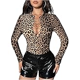 GORGLITTER Women's Cheetah Print Top Leopard Long Sleeve Y2k T Shirts Lace Up Chain Going Out Tops