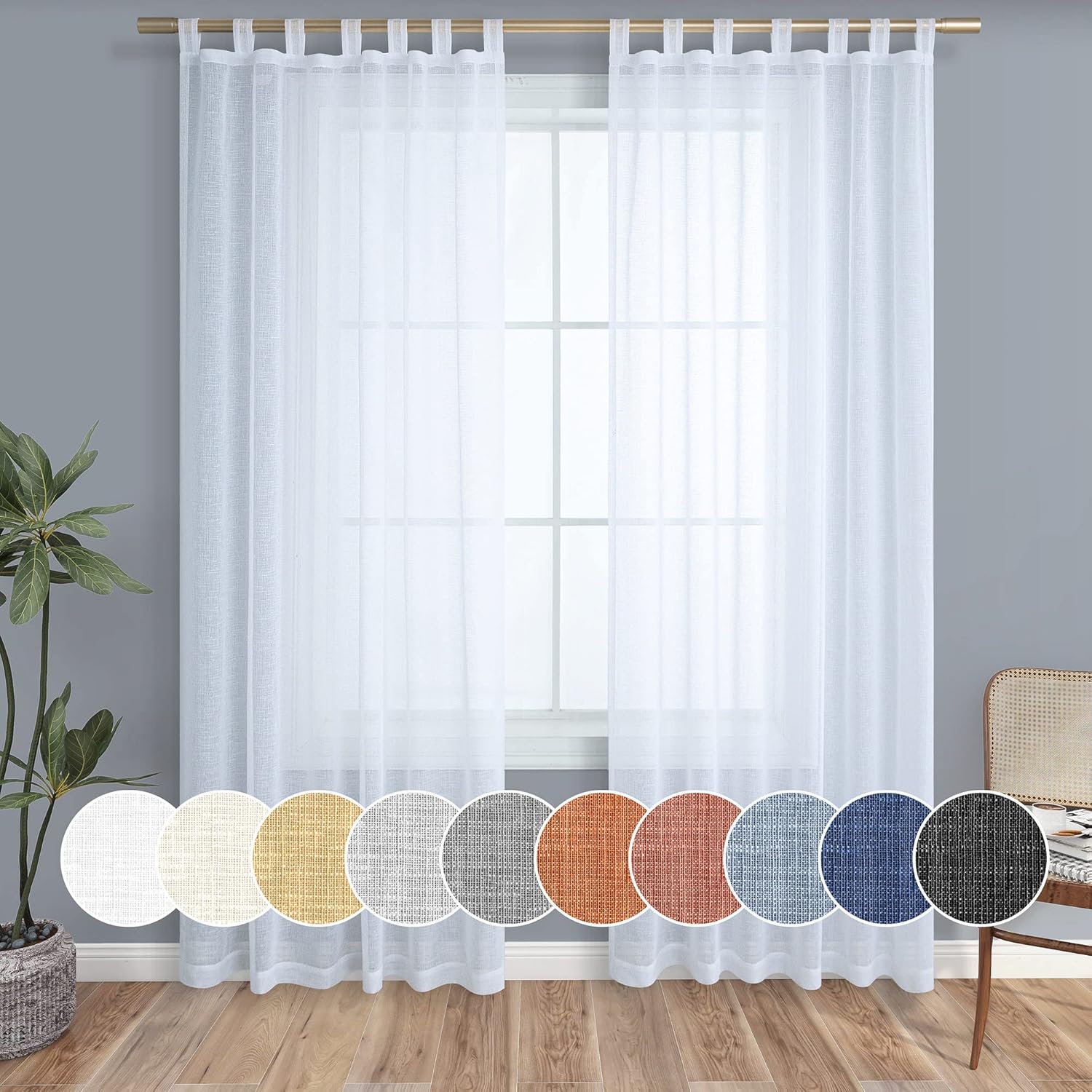 Outdoor Curtains - KOUFALL White Sheer Curtains 96 Inches Long for Living Room 2 Panels Set Tab Top Faux Linen Light Filtering Privacy Add Semi Tulle Curtain Drapes for Bedroom Patio Door Windows 52x96 Inch Floor Length