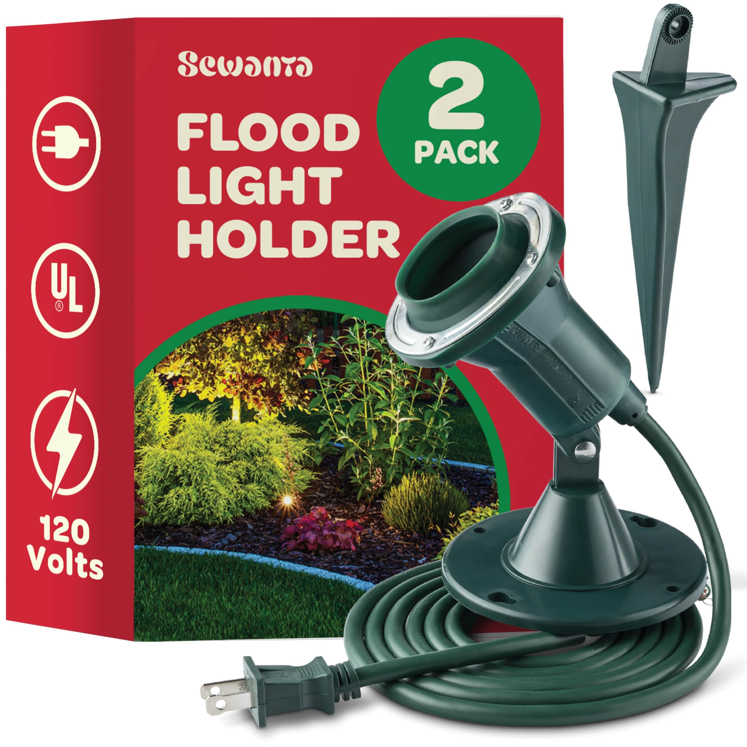 Photo 1 of Outdoor Flood Light Holder [Set of 2] Floodlight Fixture With Stake & Wall Mount Base - Durable, Weather Resistant/Heavy Duty - ETL Listed 6-Ft Cord, Green Landscape Lamp. Use With 120 Volt PAR38 Bulb