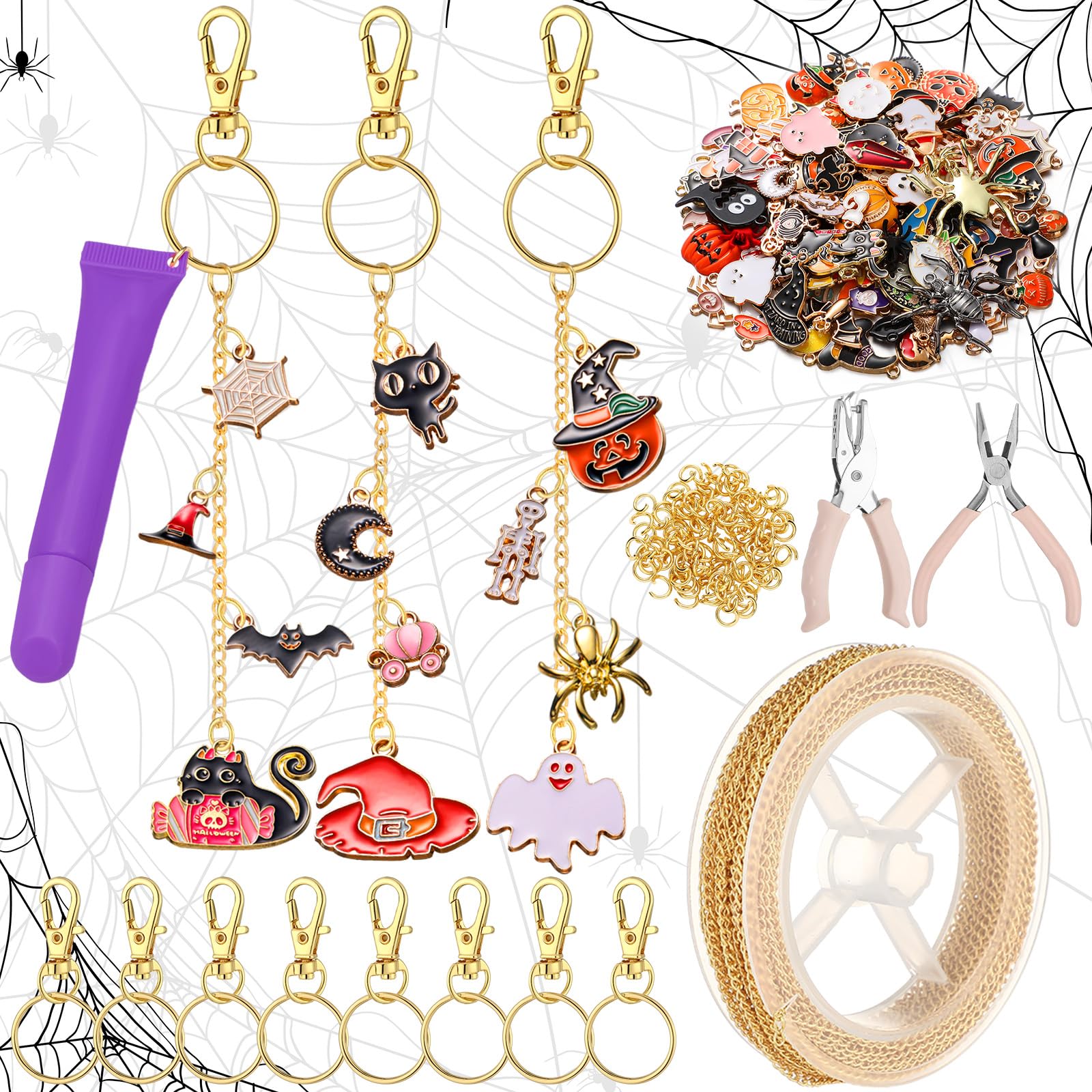 Photo 1 of VioraWhite 213 Pcs Halloween Theme Lip Gloss Keychain Making Kit 100 Pink Enamel Charms 32.81 ft Gold Chains for DIY Crafts Women