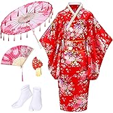 Chicingyou Red Japanese Kimono Robe for Women Floral Sakura Satin Geisha Yukata Dress Accessories with Umbrella