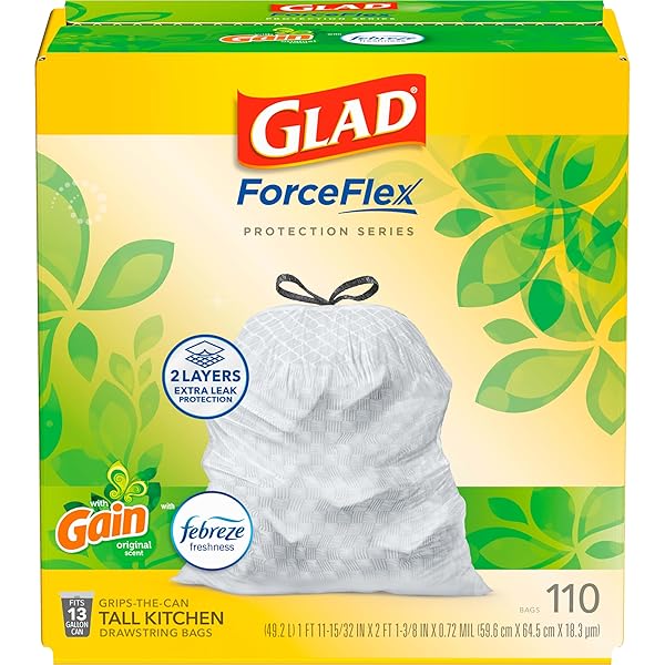 GLAD FORCEFLEX TALL KITCHEN DRAWSTRING TRASH BAGS, 13 GAL, GAIN ORIGINAL, 110 CT, PACK MAY VARY