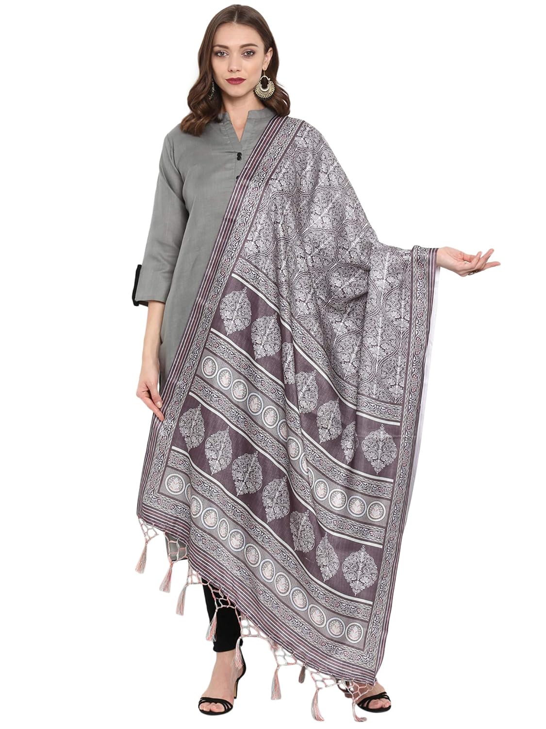 akhilam women's pashmina silk winter wear dupatta printed with jhallar (freesize_grey_pd02)