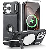 Casus Designed for iPhone 17 Pro Case Compatible with MagSafe Kickstand Vegan Leather Slim Classic Luxury Elegant Thin Protective Cover with Tempered Glass Screen (2025) 6.3" - Black
