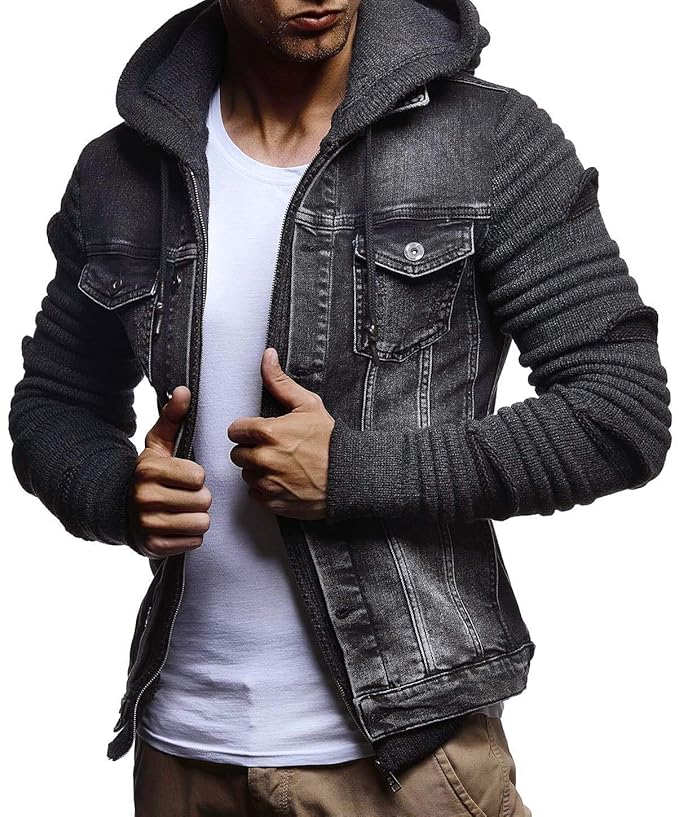 LEIF NELSON Herren Jeansjacke Strickjacke Kapuzen Jacke Hoodie Sweatjacke Freizeitjacke Kapuzenpullover LN5755