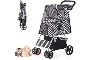 LPOTIUS Pet Stroller for Medium Small Dogs and Cats, Folding Puppy Stroller Dog Cat Cage Jogger Stroller with Cup Holder and Storage Basket, 4 Wheels, Polka Black