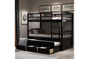 HARPER & BRIGHT DESIGNS Harper&Bright Designs Twin Over Twin Bunk Bed with Safety Rail, Ladder, Twin Trundle Bed with 3 Drawers for Bedroom, Guest Room Furniture, Dark Espresso