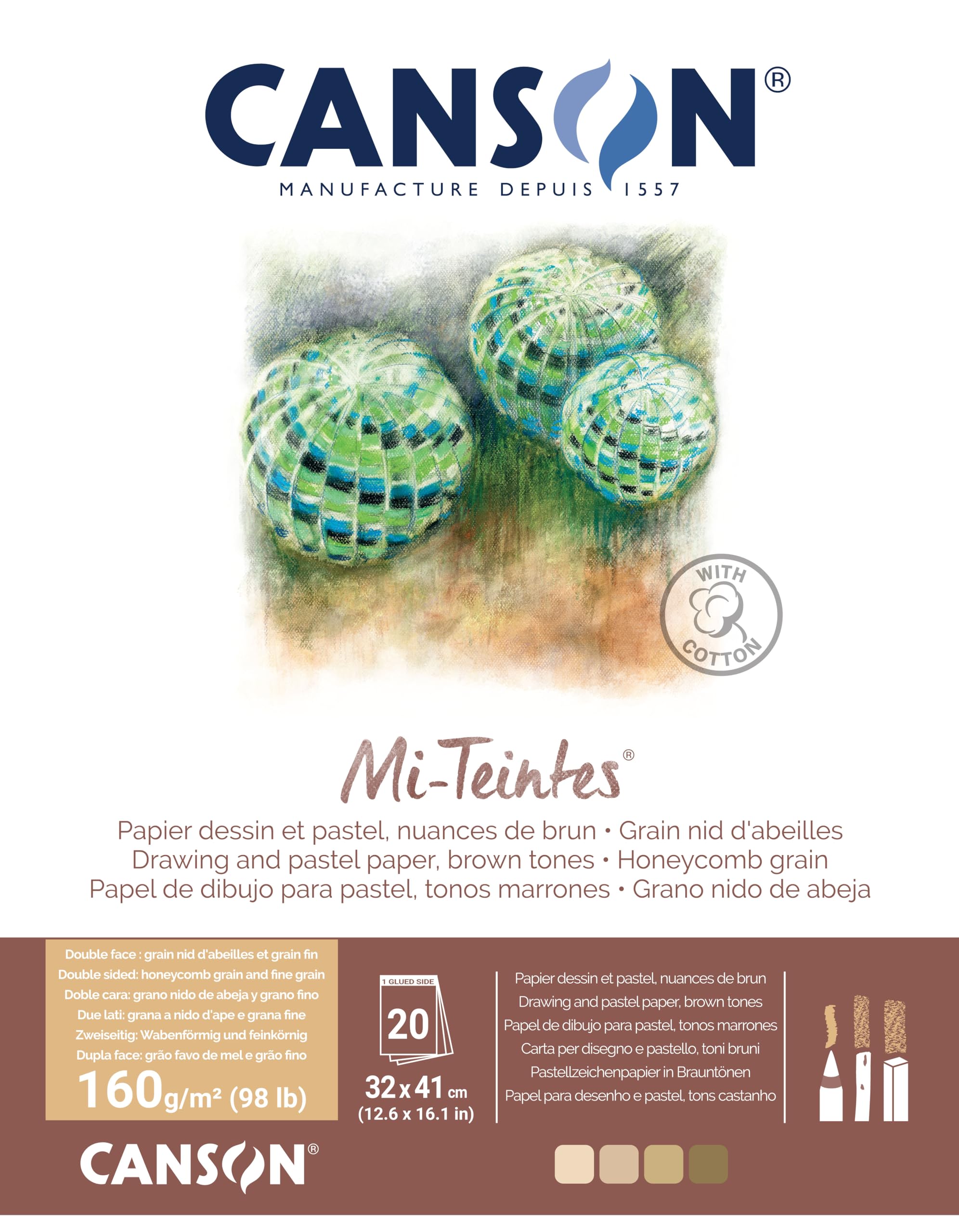 CANSON Mi-Teintes Coloured Drawing 160gsm 32x41cm Paper, Double Sided: Honeycomb & Fine Grain, Pad Glued Short Side, 4 Brown Tones, 20 Sheets, For Professional Artists & Illustrators