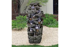 Naturefalls 47.2inches Rock Outdoor Water Fountain with Led Lights - 9-Tiers Poly-Resin Cascading Water Fountain - Relaxation Water Features for Patio, Yard, Deck, Garden Decor
