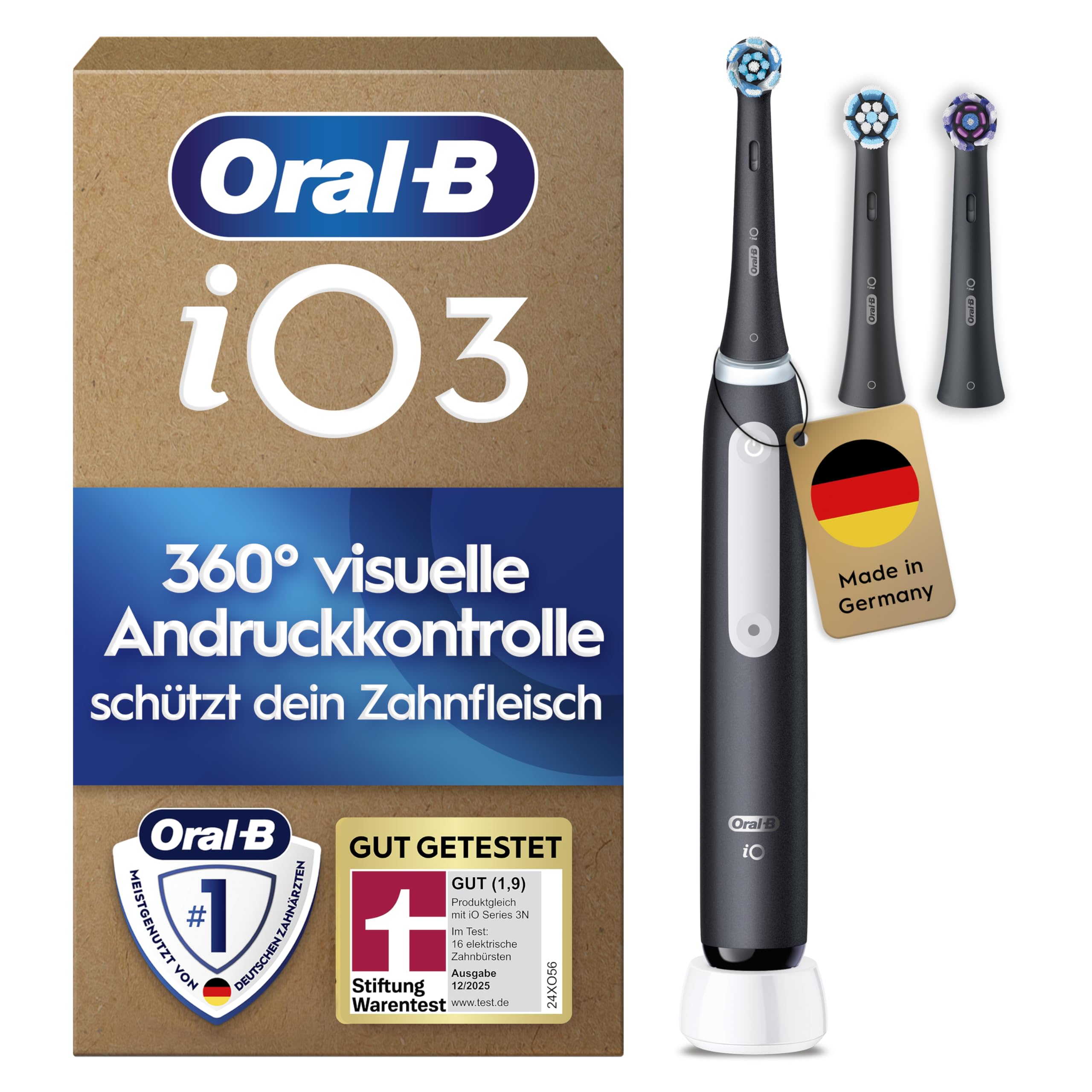 Oral-B iO Series 3 Plus Edition Elektrische Zahnbürste mit 3 Aufsteckbürsten, Schwarz - Electric Toothbrush, GUT GETESTET von STIFTUNG WARENTEST, Inkl. 3 Putzmodi für Zahnpflege