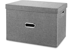 Valease Linen Fabric Collapsible Storage Bins with Removable Lids and Handles, Washable Storage Box Containers Baskets Cube with Cover for Bedroom,Closet,Office,Living Room,Nursery (Grey, Small)