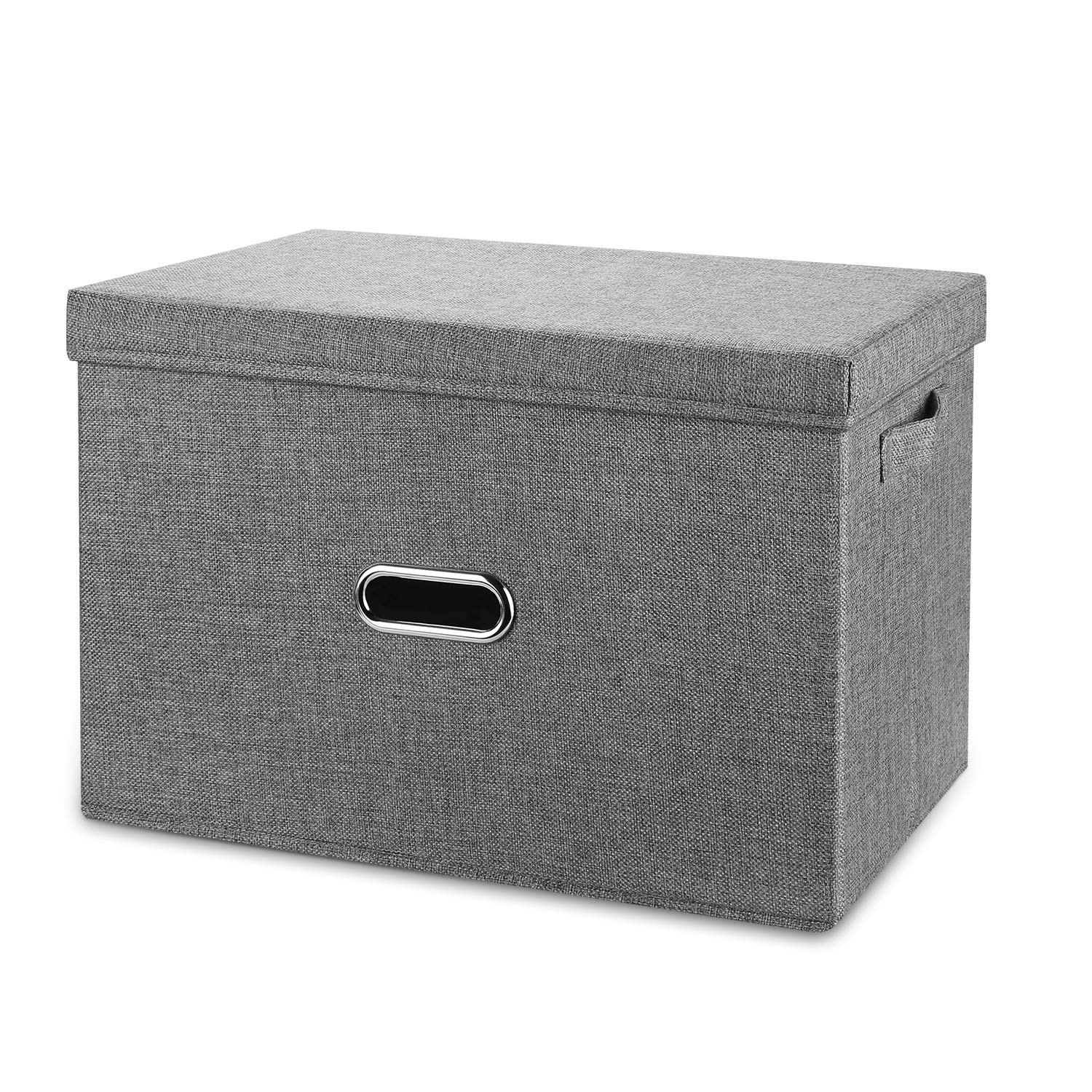Photo 1 of Valease Linen Fabric Collapsible Storage Bins with Removable Lids and Handles, Washable Storage Box Containers Baskets Cube with Cover for Bedroom,Closet,Office,Living Room,Nursery (Grey, Medium)