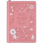 Christian Art Gifts Pink Vegan Leather Zipped Journal, Inspirational Notebook Trust in the Lord Scripture, Flexible Cover, 336 Ruled Pages, Bookmark, Proverbs 3:5 Bible Verse