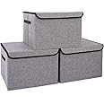 Bagnizer Large 17" 42 Quarts Collapsible Stackable Storage Bins with Lids [3-Pack] Foldable Fabric Linen Storage Boxes Cube, Closet Organizer Baskets with Label for Home (16.7 x 12 x 12, Gray)