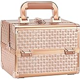 Joligrace Beauty Makeup Train Case for Lady Portable Cosmetic Box Jewelry Organizer Lockable with Keys and Mirror 2-Tier Trays Carrying with Handle Makeup Storage Box - Rose Gold