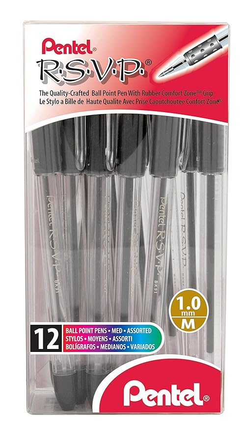 Pentel R.S.V.P. Bolígrafo, Punto Fino, 0.7 , Tinta Negra, Paquete Con