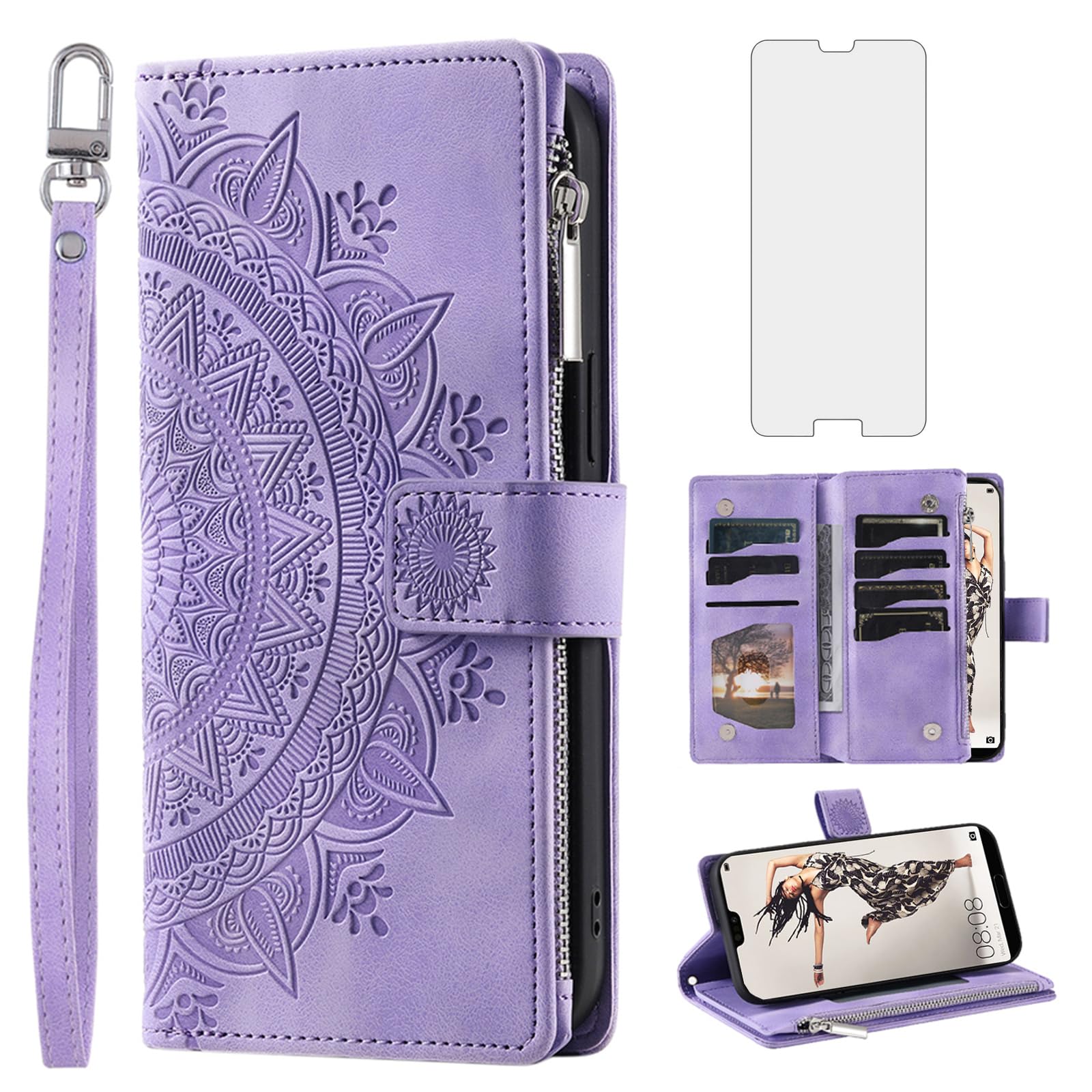 Asuwish Phone Case for Huawei P20 Pro Wallet Cover With Tempered Glass Screen Protector and Wrist Strap Mandala Flower Leather Flip Zipper Credit Card Holder Cell Hawaii P 20Pro 20 P20pro Women Purple