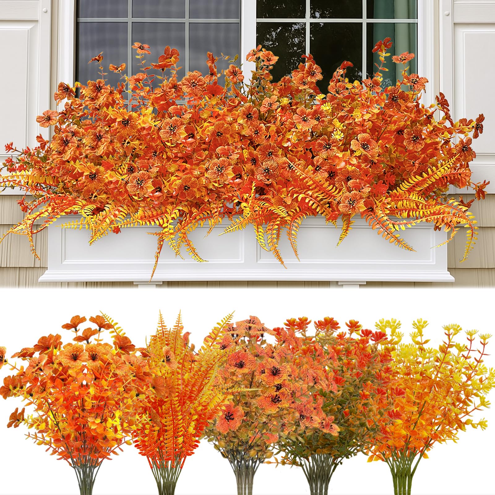 Photo 1 of 16 Pcs Fall Artificial Mums Flower Bouquet Set with 4 Realistic Varieties, Autumn Greenery Artificial Flower for Porch Window Box Farmhouse Thanksgiving Home, Faux Flowers Decor for Outdoor Indoor
