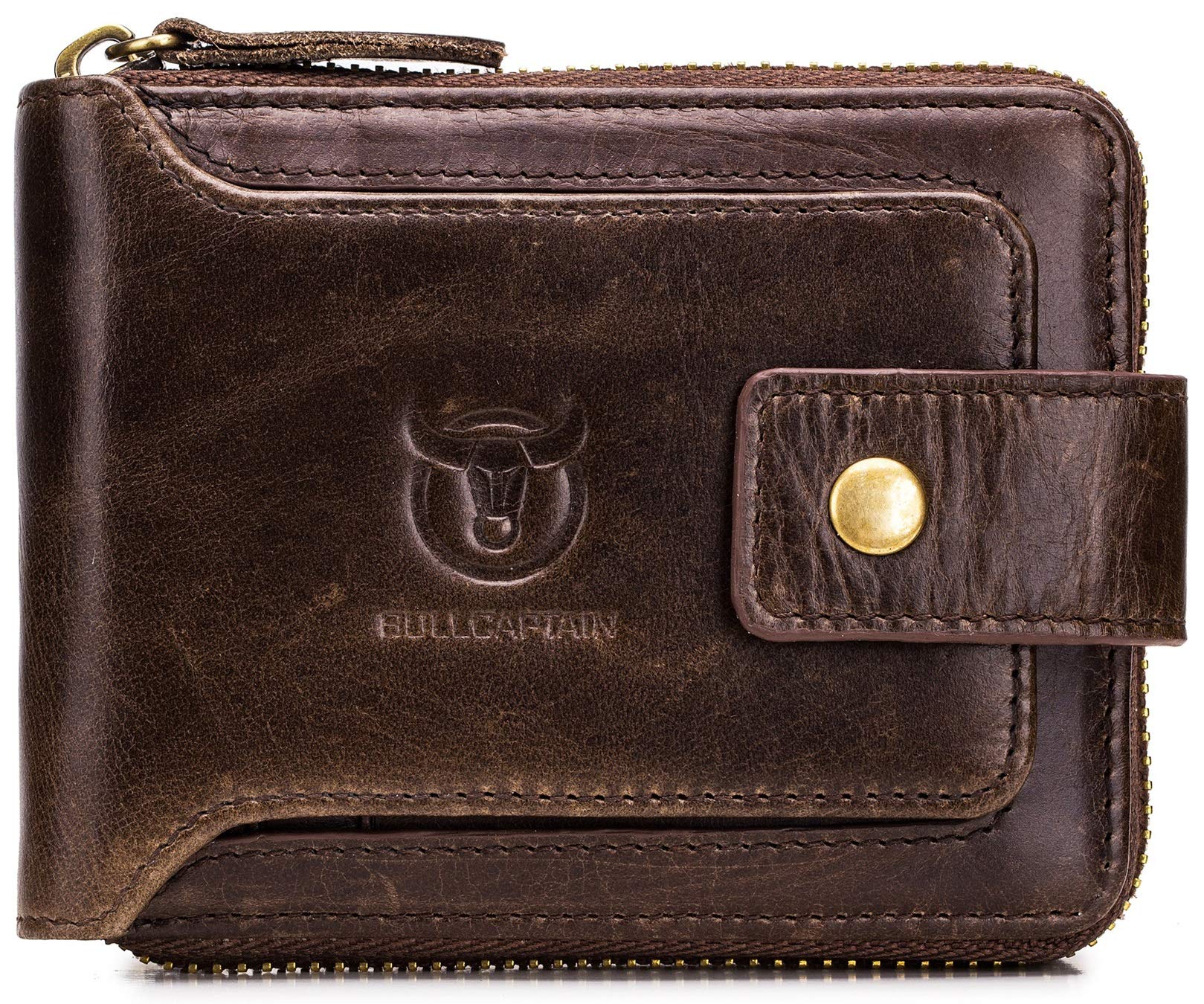 bullcaptain Mens Genuine Leather Zipper Wallet RFID Blocking Bifold Zip Around Multi Credit Card Holder, brown, M, Rfid Wallet