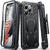 FNTCASE for iPhone 15-Pro-Max Phone Case 6.7", Built-in Screen Protector & Kickstand & Belt-Clip Heavy Duty Military Grade Shockproof Protection Rugged Case - Black