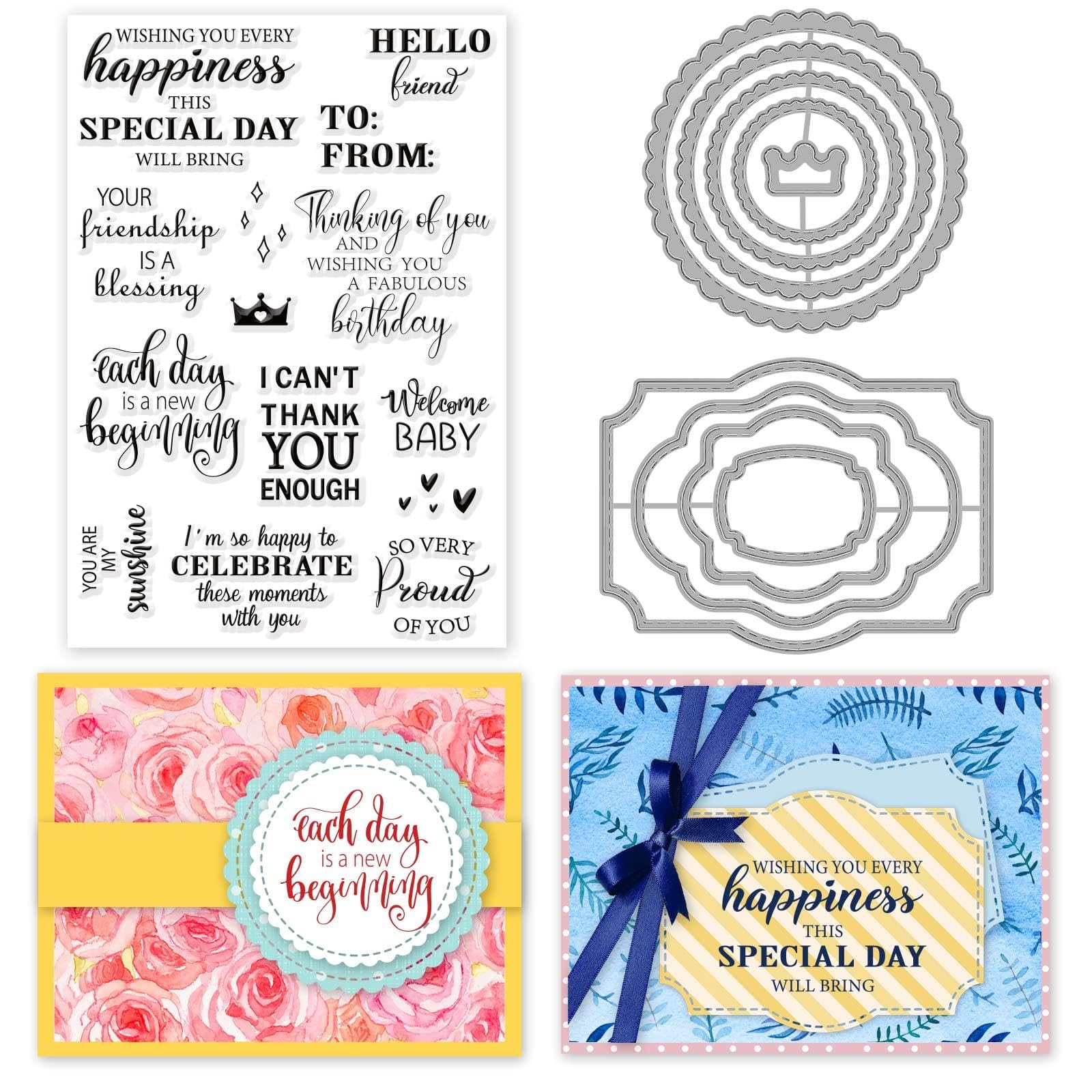 INFUNLY Word Clear Stamps for Card Making Label Rectangle Die Cut Round Frame Metal Cutting Die Inspirational Quote Silicone Stamp for DIY Scrapbooking St. Patrick's Day Easter Card Decor